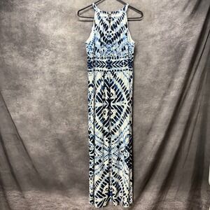 Chicos Diamond Tie Dye Maxi Dress Size 1 Blue White Sleeveless Kaleidoscope NWT